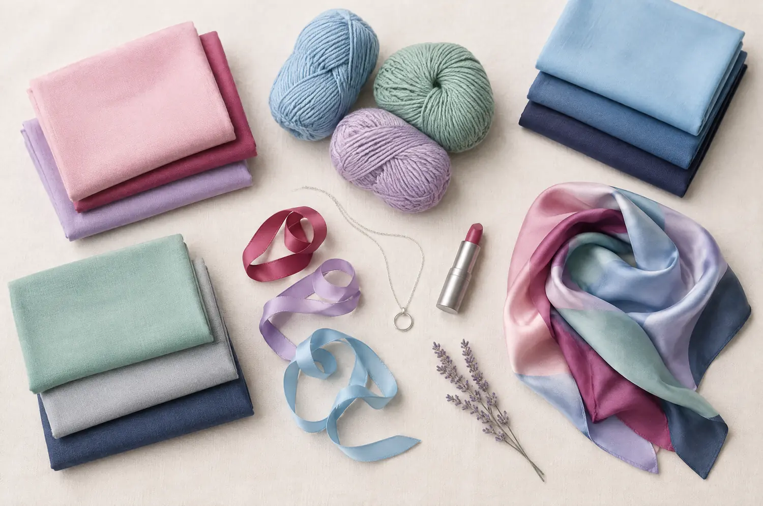 Tissus pliés, laines et collier argenté dans les teintes douces de la palette été