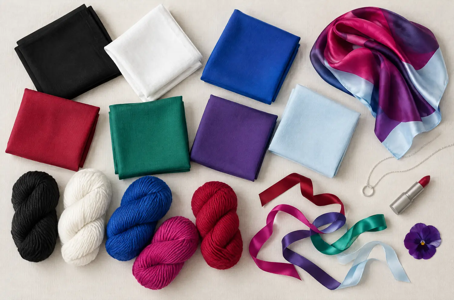 Tissus pliés, laines et collier argenté dans les couleurs vives et contrastées de la palette hiver